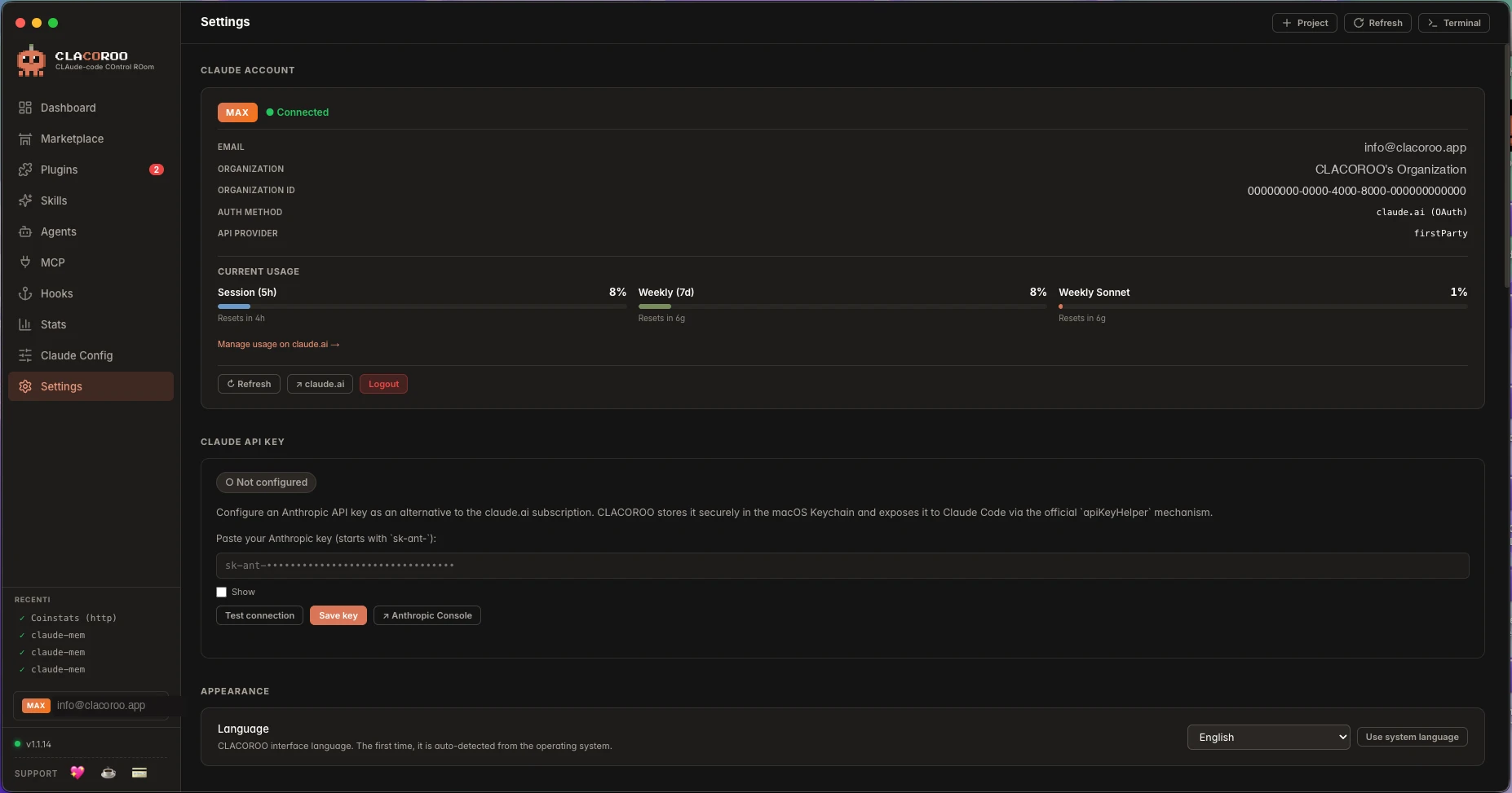 Settings page with Claude account and API key