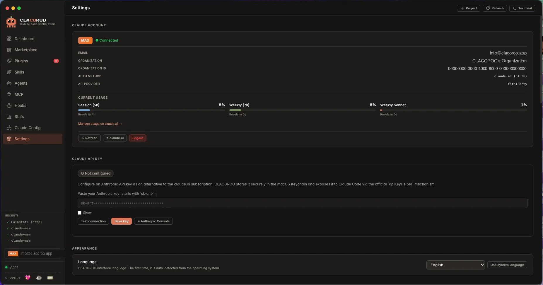 The Claude account panel in Settings, with the user email, plan badge (MAX / Pro), current usage bars and Logout button.