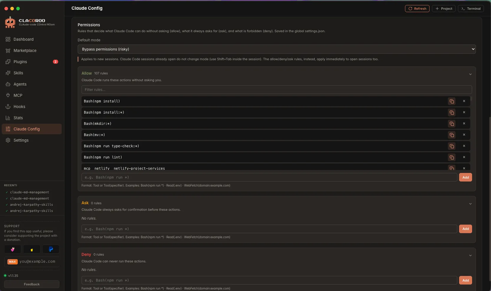 The Permissions editor in Claude Config: collapsible Allow, Ask and Deny lists with a search box, a copy and a remove button per rule, and a default-mode selector.