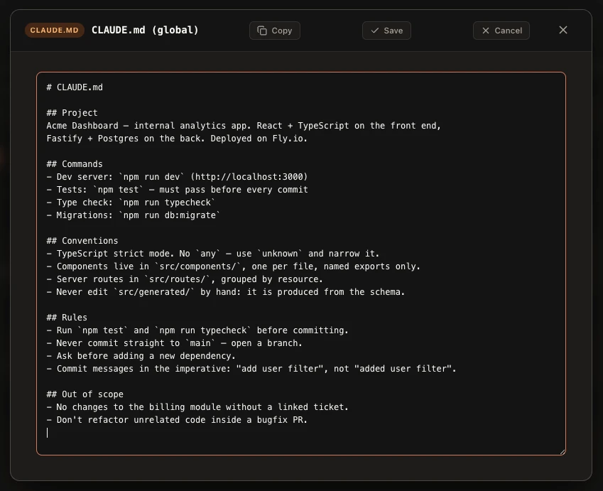 Inline CLAUDE.md editor