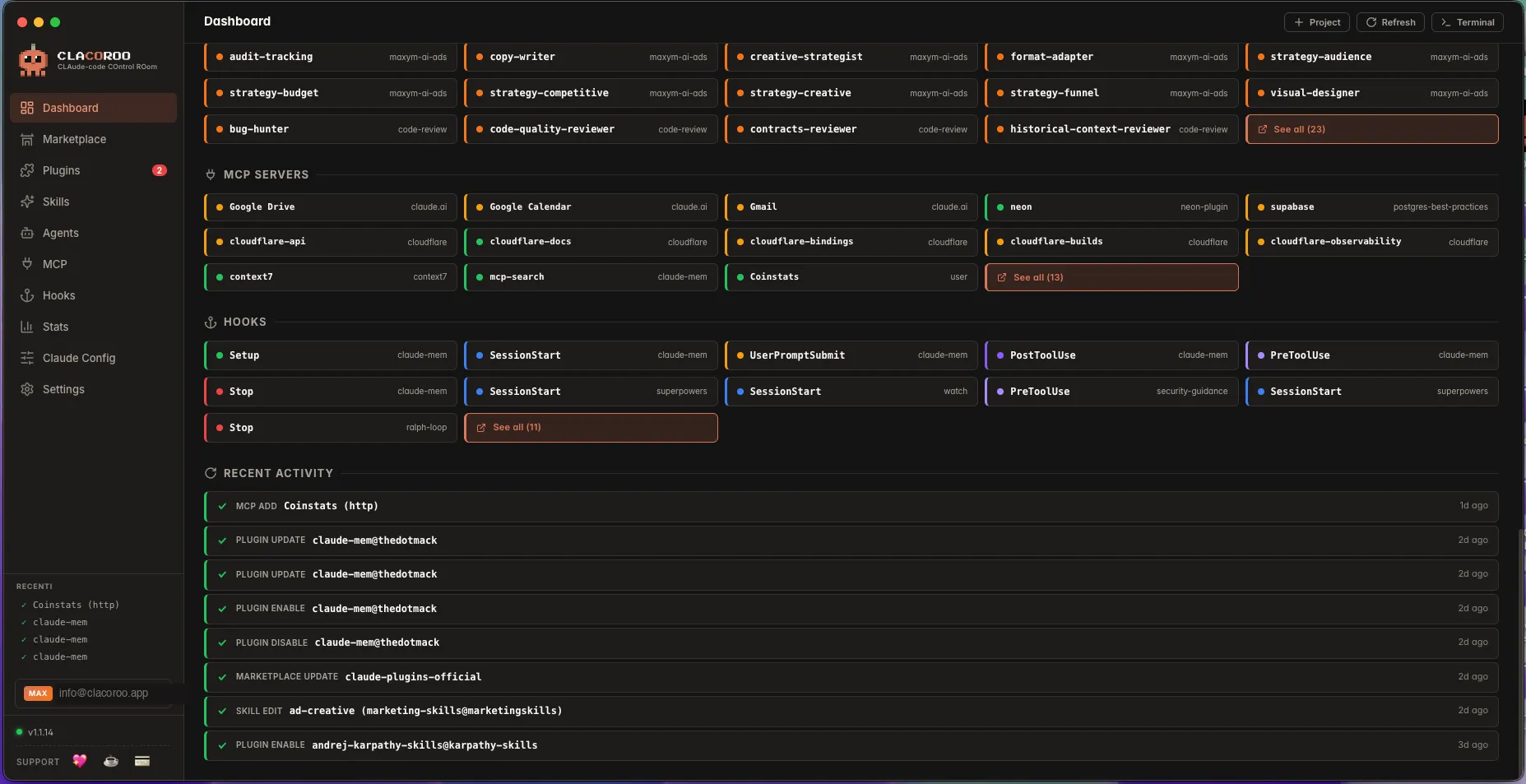 Claude Code usage cards: sessions, messages, total tokens, estimated API value, active days, most active day, current streak, longest streak, peak hour, favorite model.