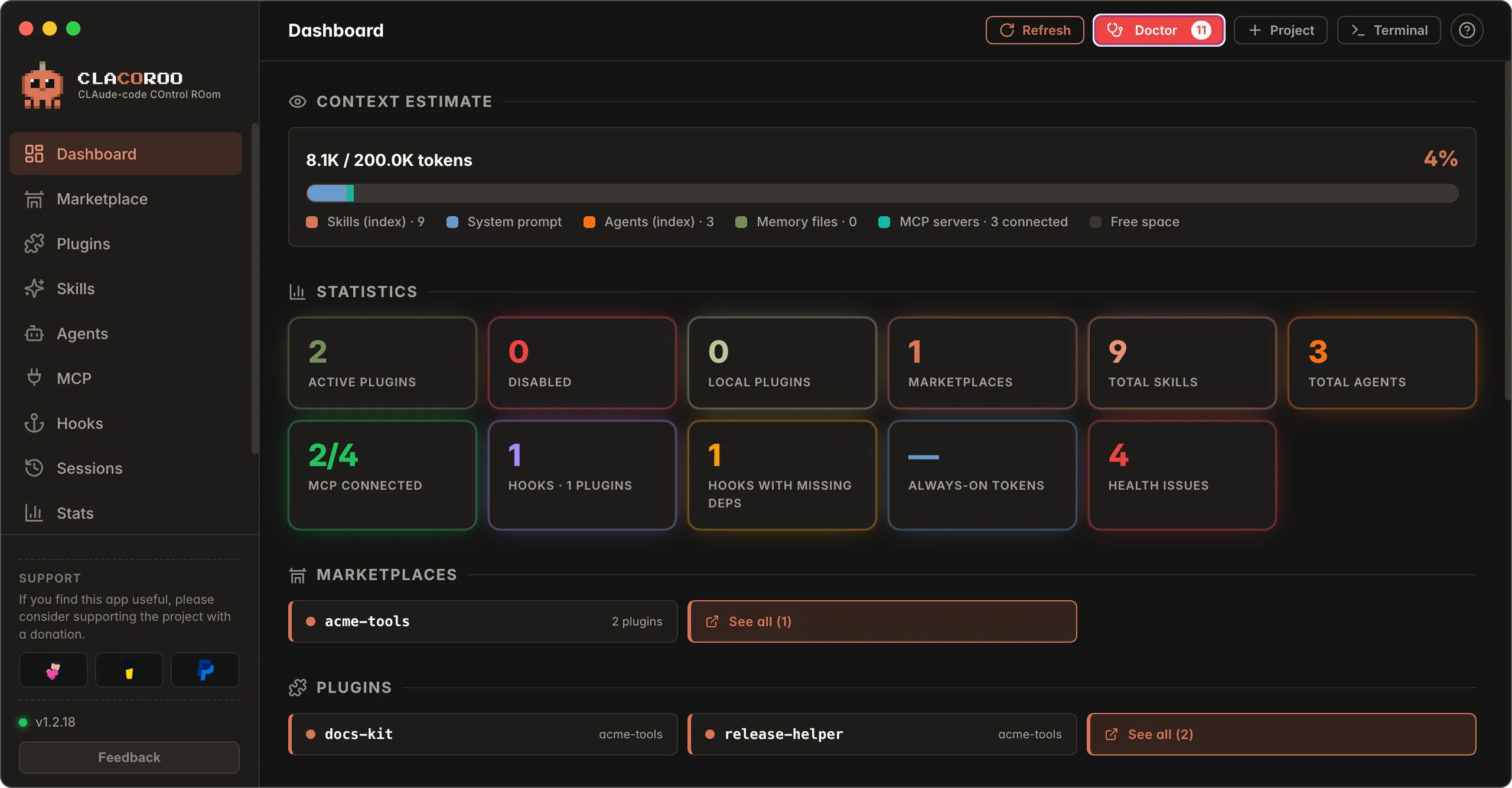 The red Doctor button in the Dashboard header, with the problem count badge next to Refresh.