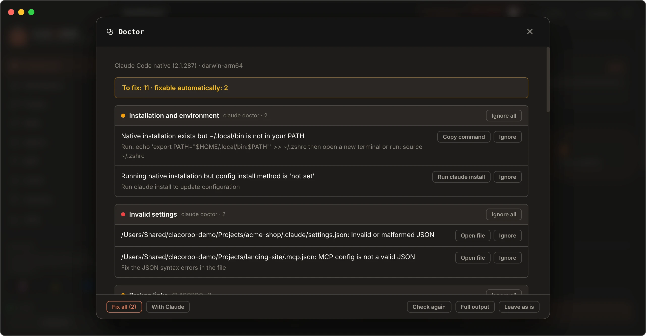 Doctor window with installation warnings and invalid settings files