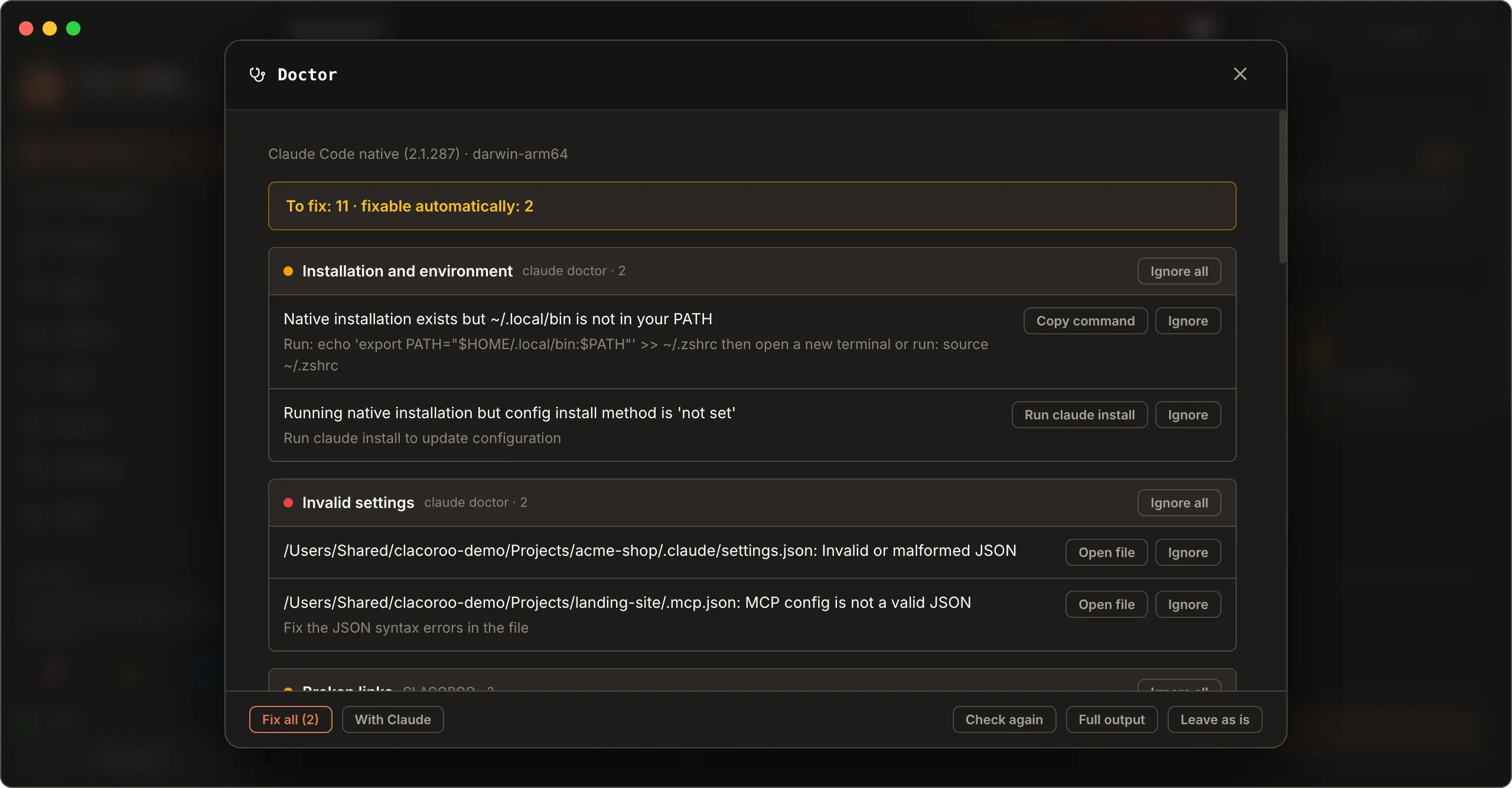 The Doctor window with installation warnings and invalid settings files.