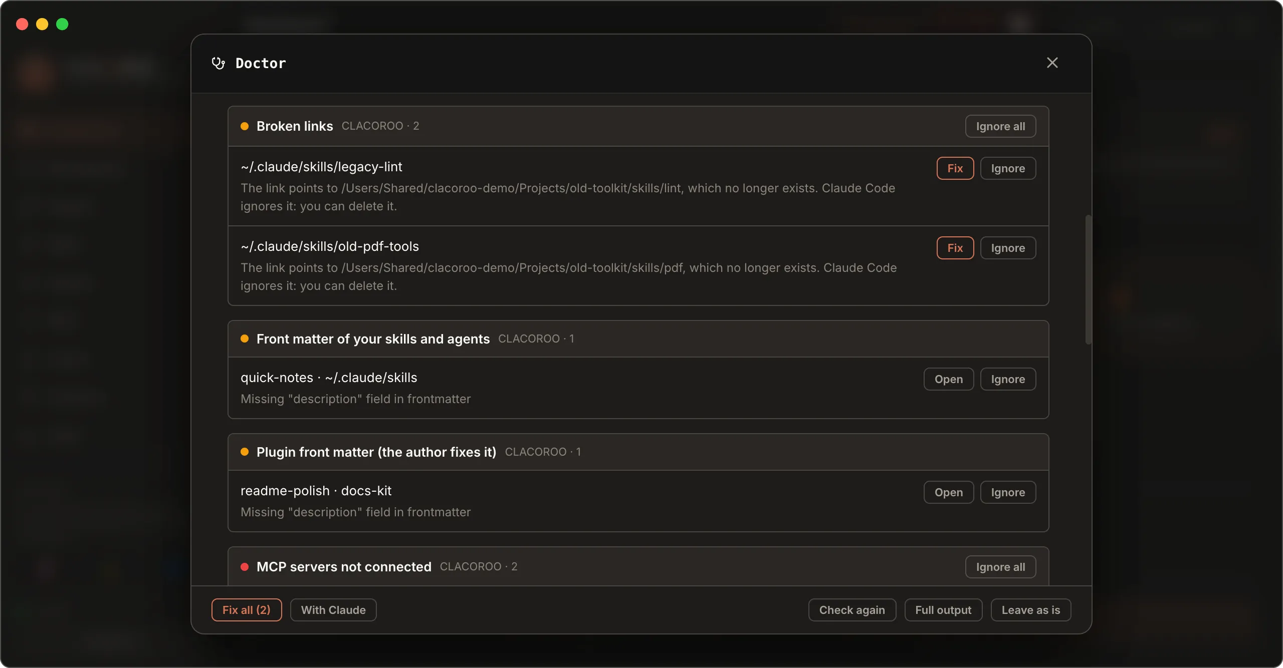 Items with broken links, skills missing a description and MCP servers to fix, each with its own buttons.