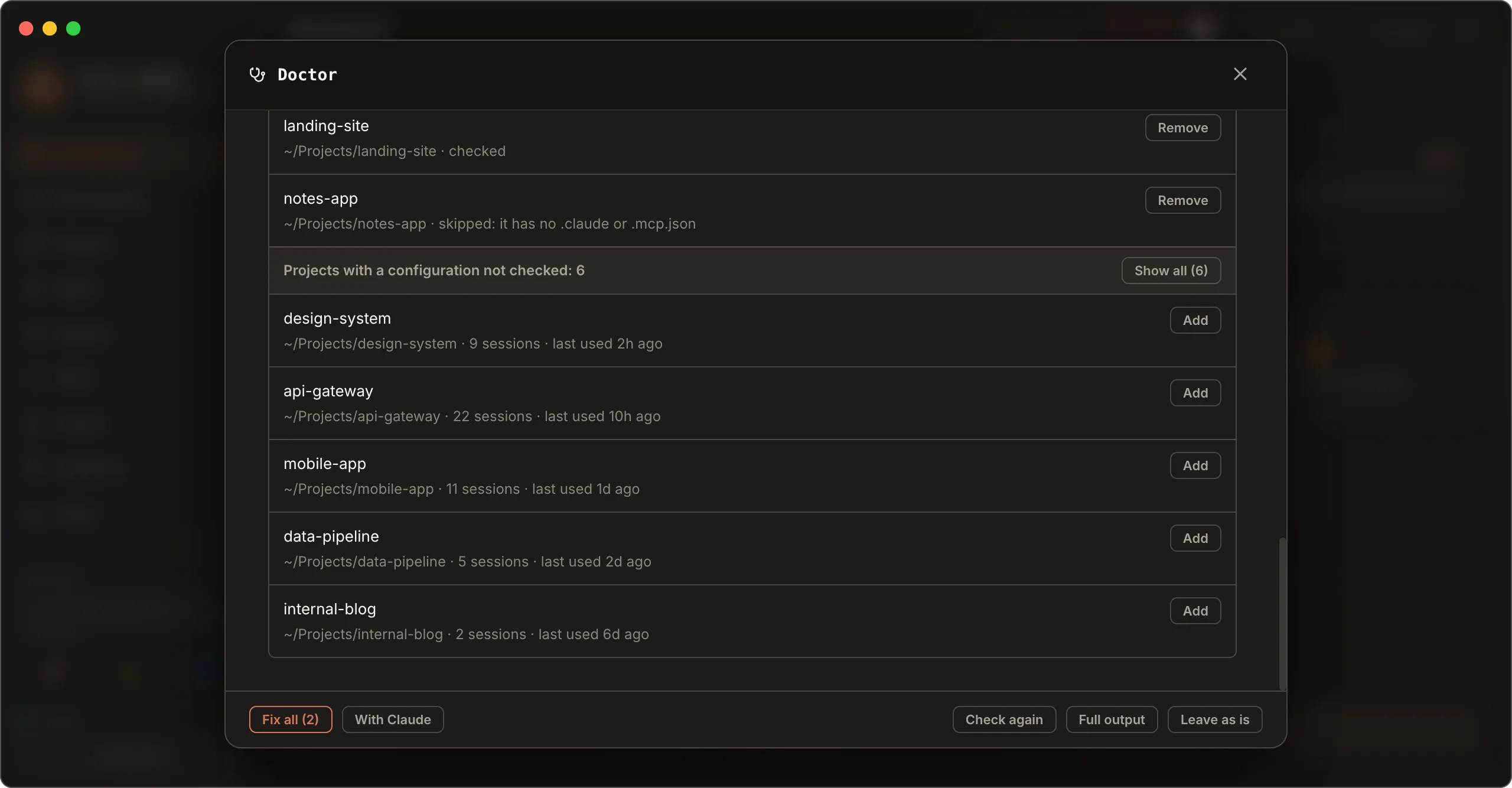 The Folders checked section, with tracked projects and projects not checked yet.