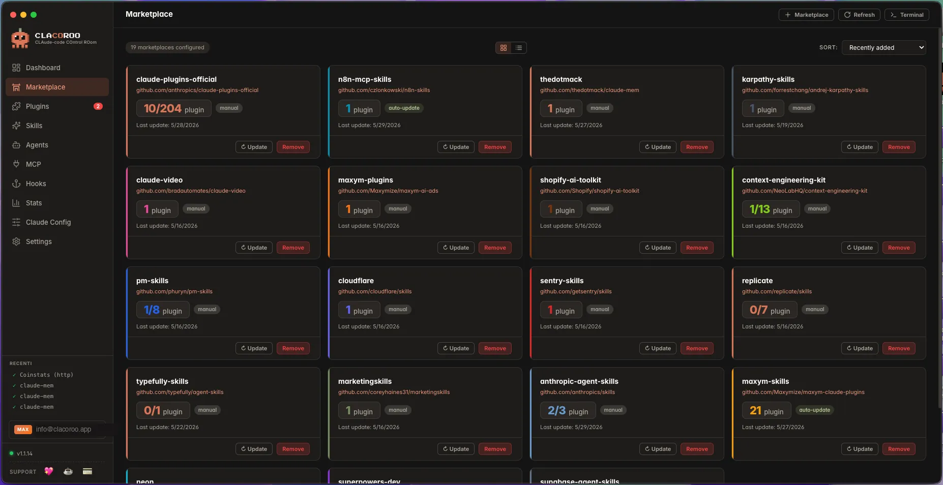 The Marketplaces section, a grid of marketplace cards with name, repo, plugin count and update controls.
