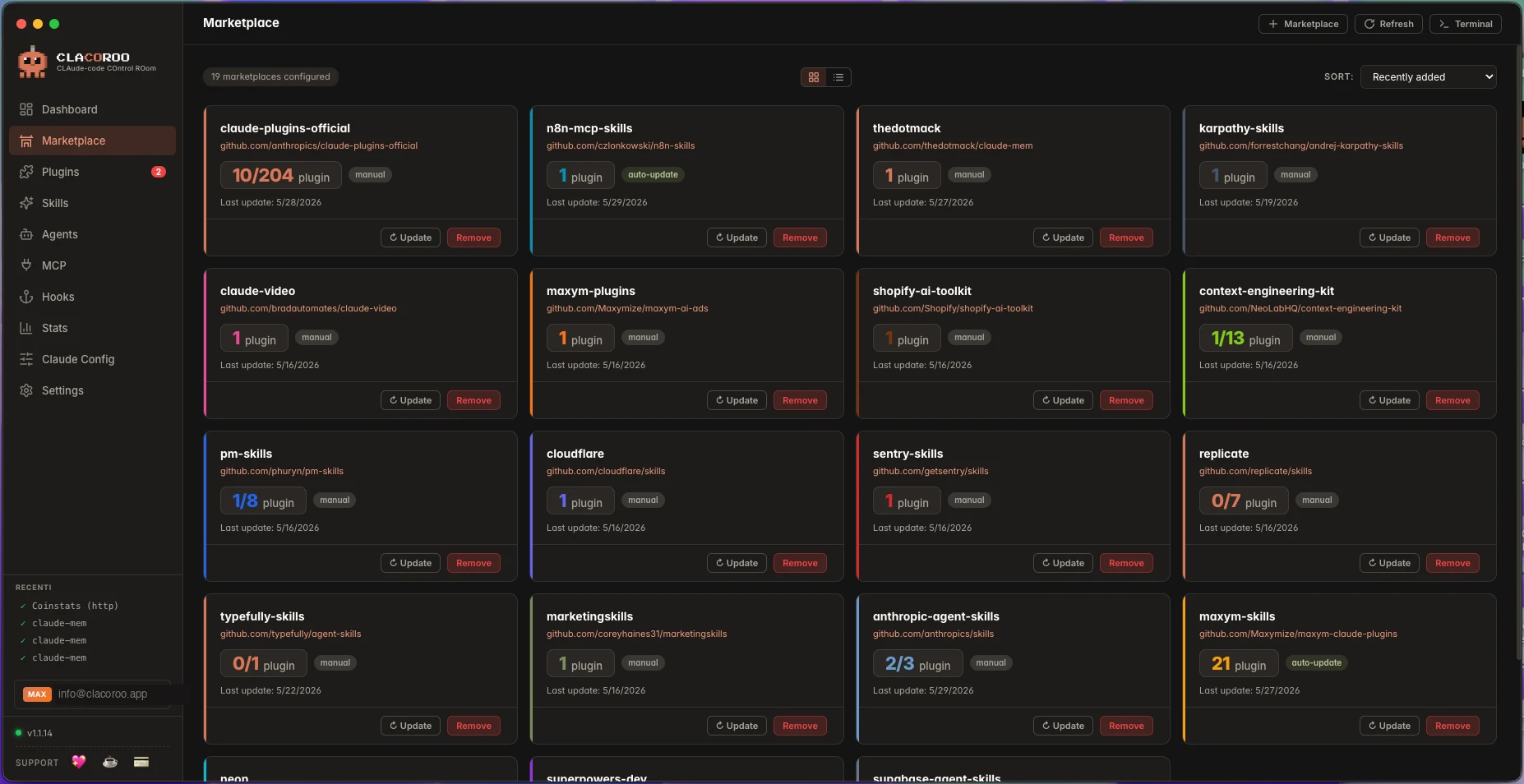 Grid of installed marketplaces
