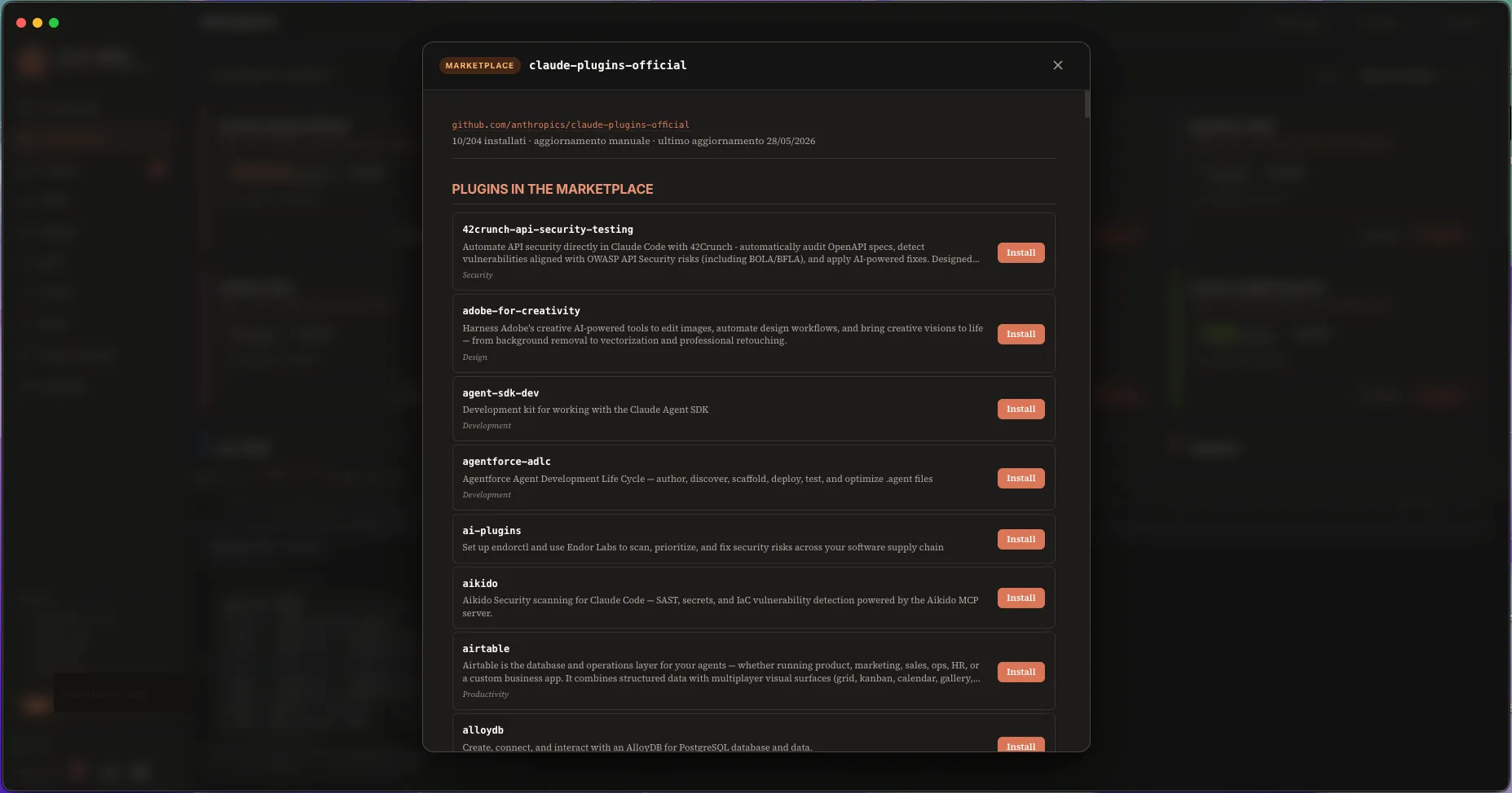 A single marketplace card with name, repo URL, plugin counters and Update/Remove buttons.