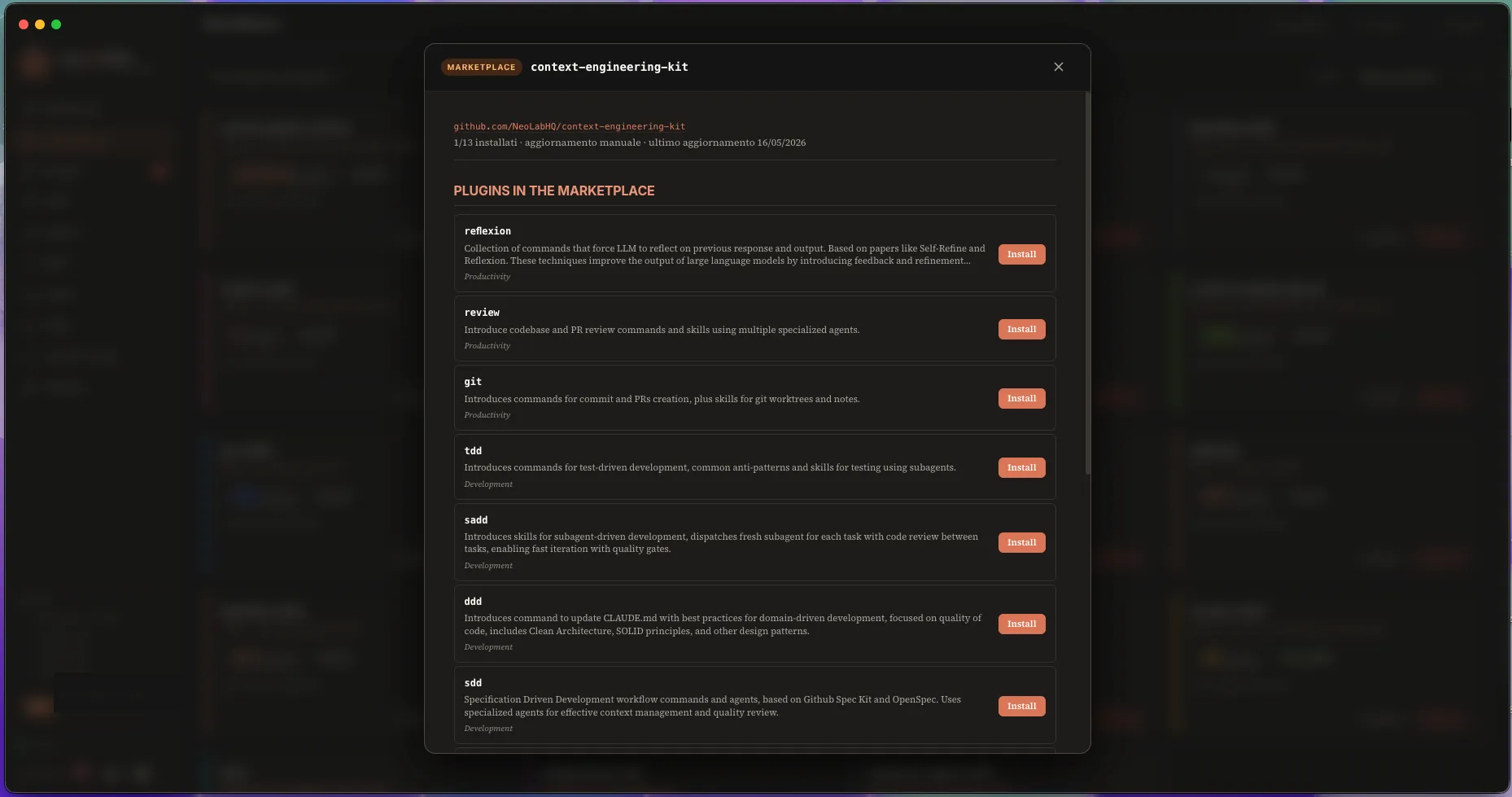 The marketplace detail modal showing description, repository link, the full plugin list with skills/agents counters.