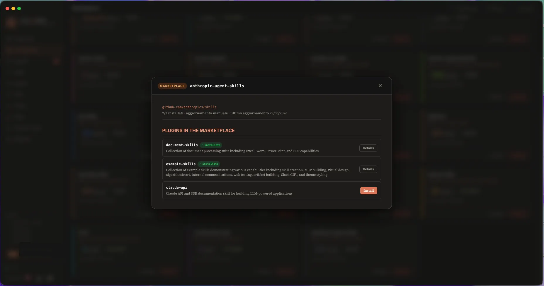 The Add marketplace dialog with a text field that accepts Git URLs, GitHub repos or local paths, plus optional scope selector.
