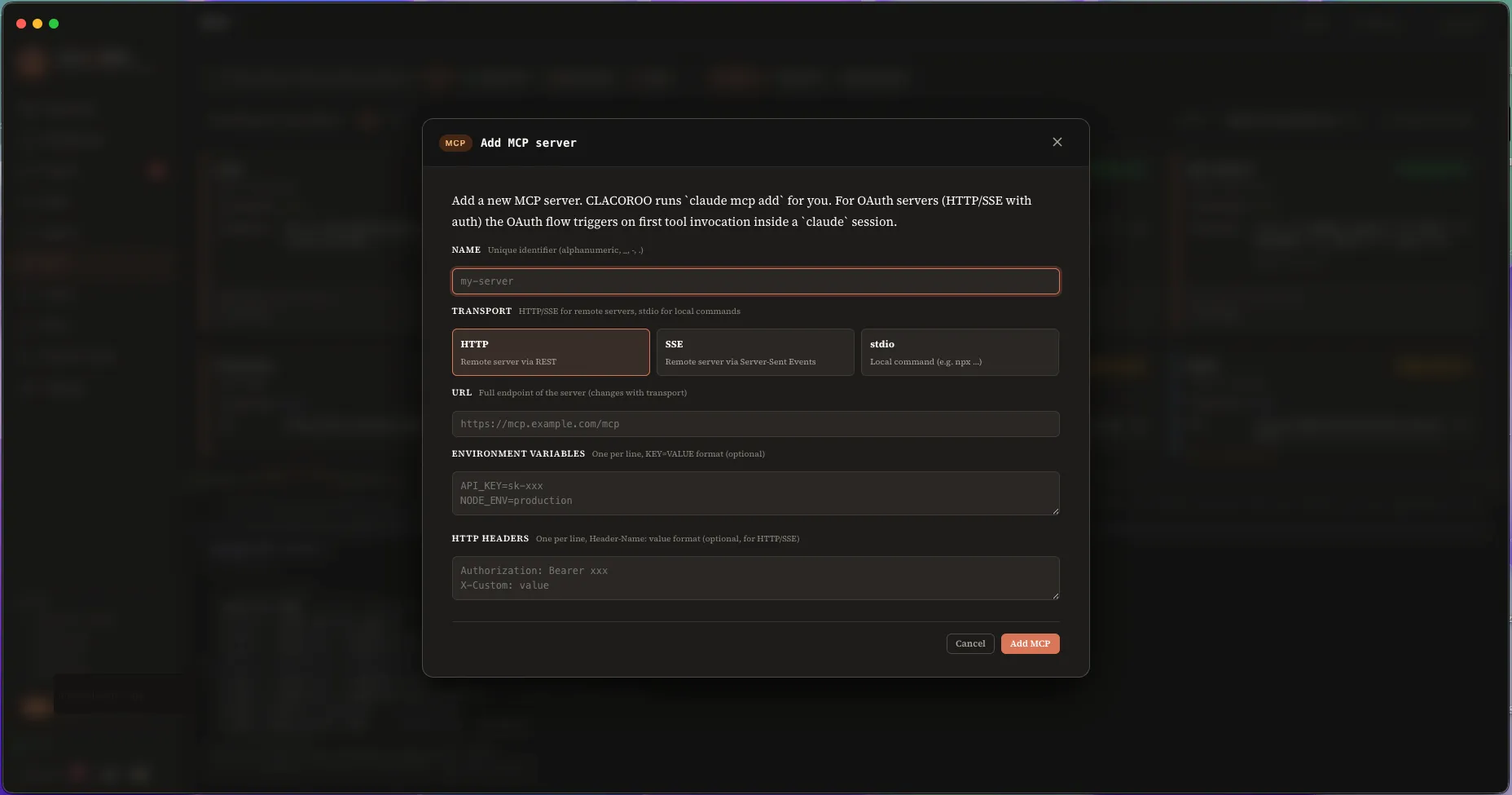 The Add MCP server form, with name, transport radios (http/sse/stdio), URL/command field, args list, environment variables and HTTP headers.