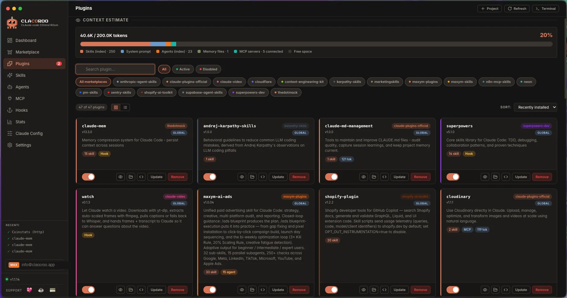 The Plugin manager in Cards view, showing plugin cards with status, skills/agents counters, marketplace badge and action buttons.