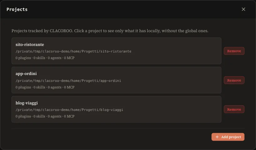 The Projects window with three tracked projects, their path and the count of local plugins, skills, agents and MCP servers.