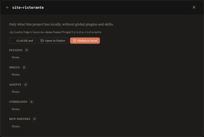 A project's detail with the CLAUDE.md, Open in Finder and Global or local buttons, and empty sections.