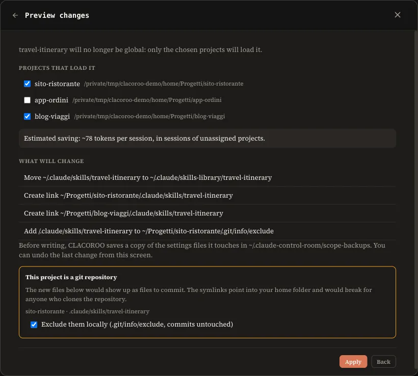 The preview: projects that load the skill, estimated saving, list of changing files, git repository warning and the Apply button.