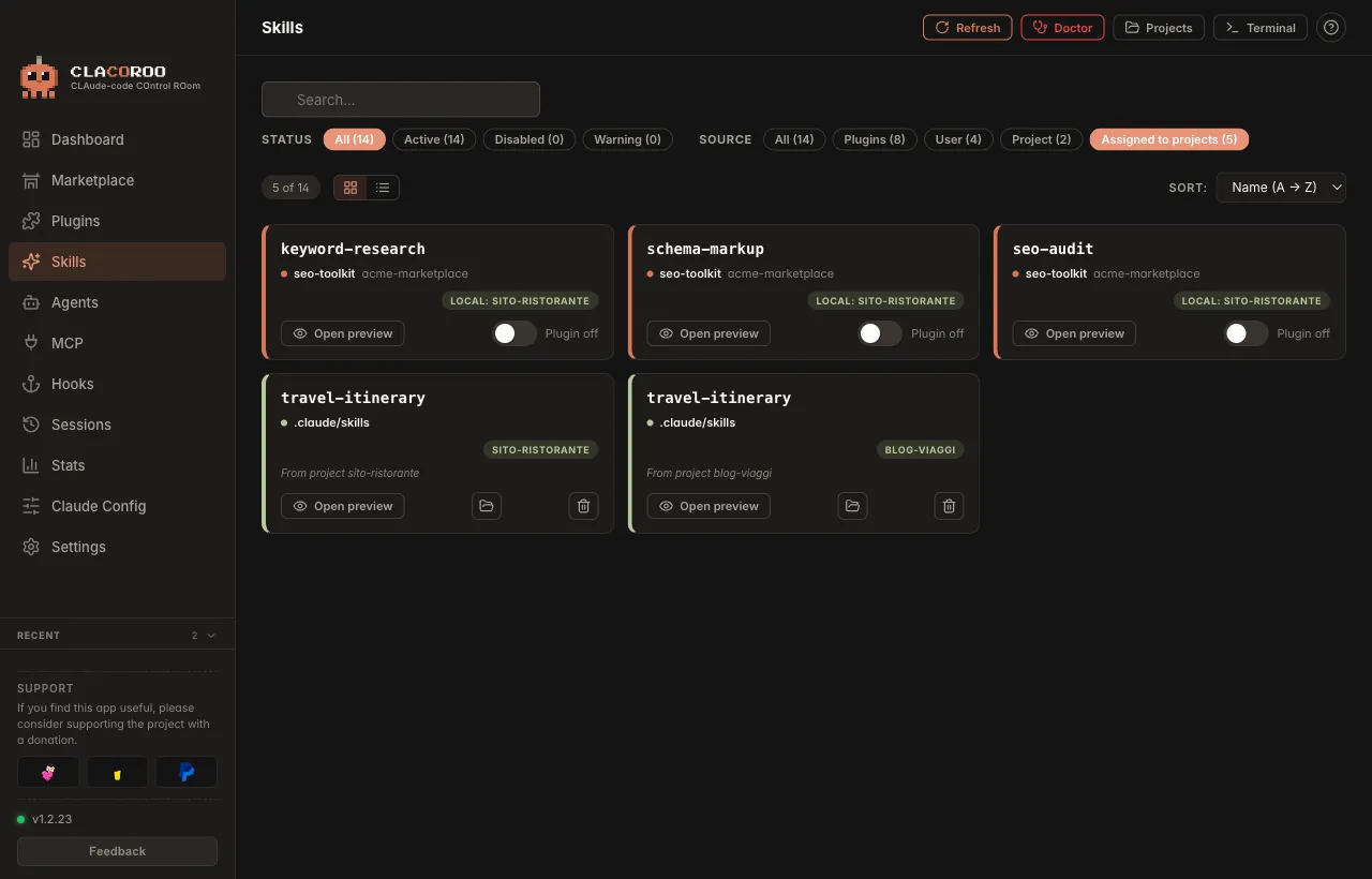 The Skills section filtered on Assigned to projects: the skills of a plugin with the Local badge and the personal skill in two projects.