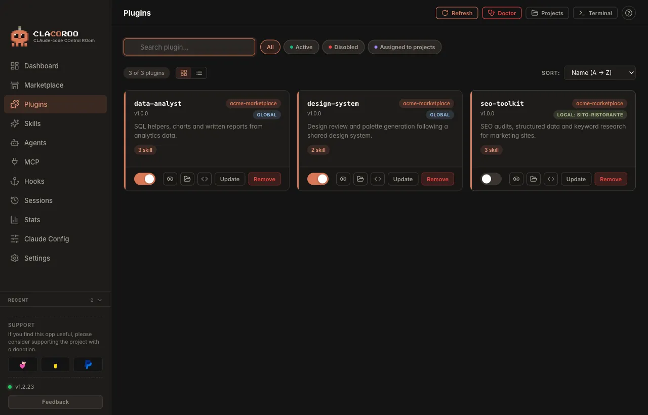 The Plugins section: one plugin with the Local badge and the switch off, the others global.