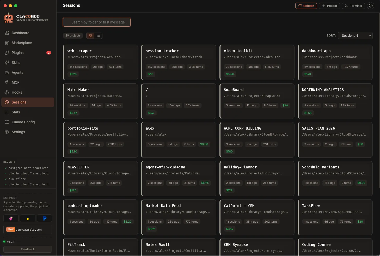The Sessions section showing the project grid: one card per working folder, with the folder name, its full path, and badges for session count, estimated cost, turns and last activity.