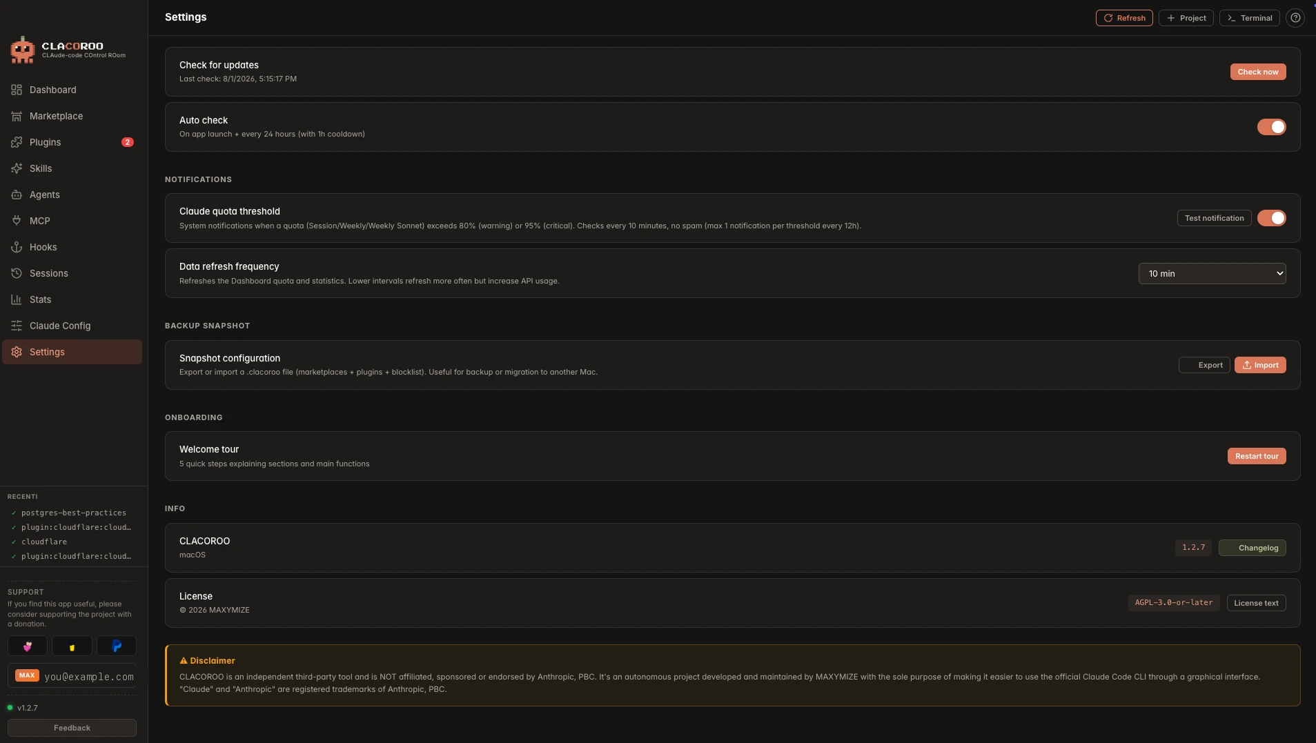Quota notifications and snapshot export
