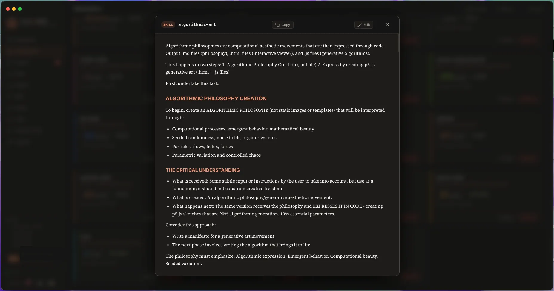 The skill preview modal showing the Markdown content with code blocks and headings rendered.