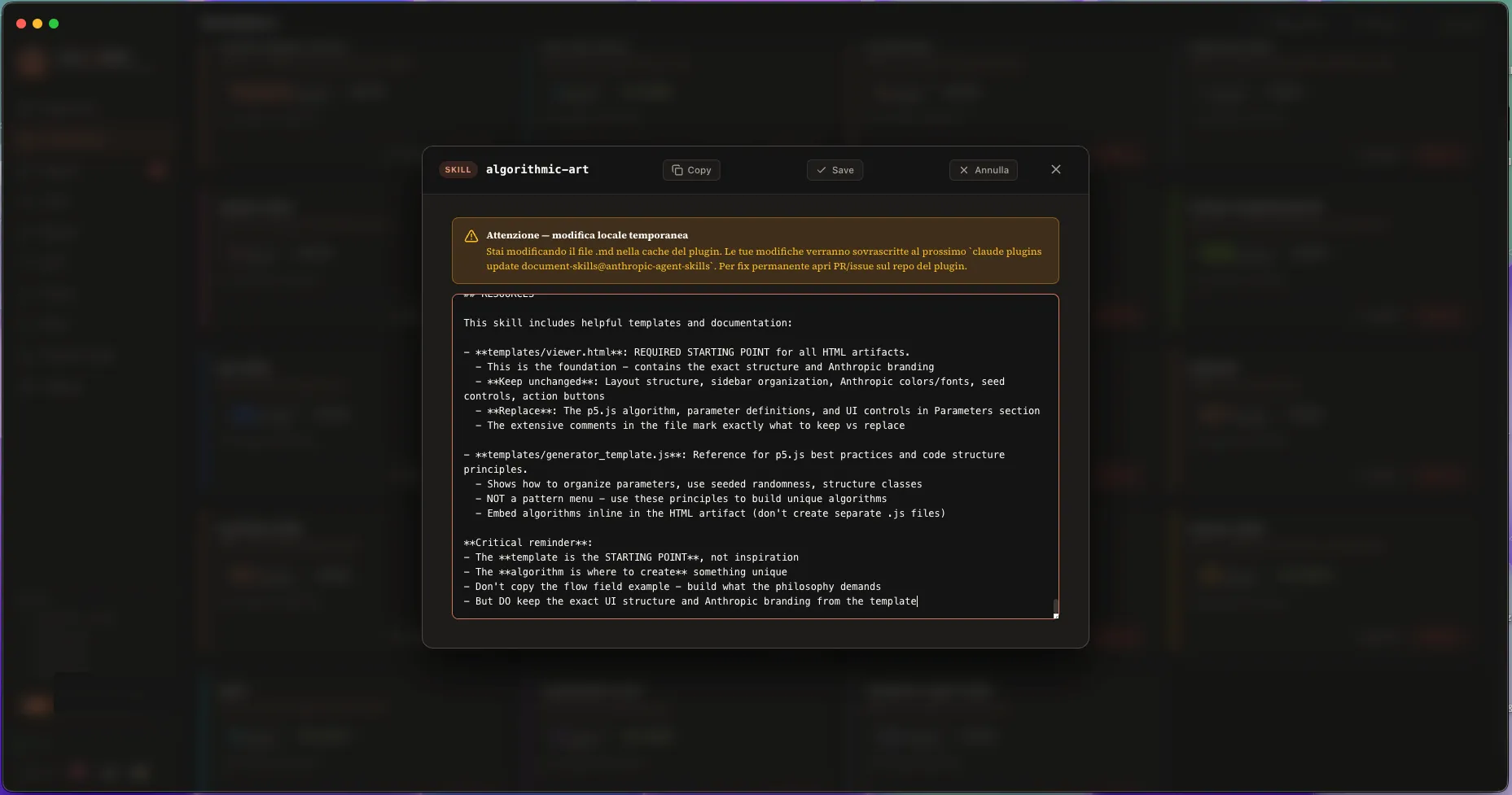 A skill card with the trigger pattern highlighted and a copy button next to it.